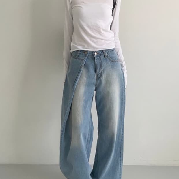 연청) diagonal layered denim pants