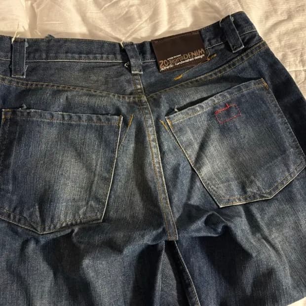 빈티지 중청 데님 컷팅 와이드 청바지