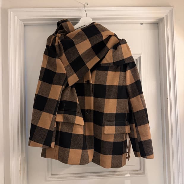 Push button 울 체크 스카프 자켓