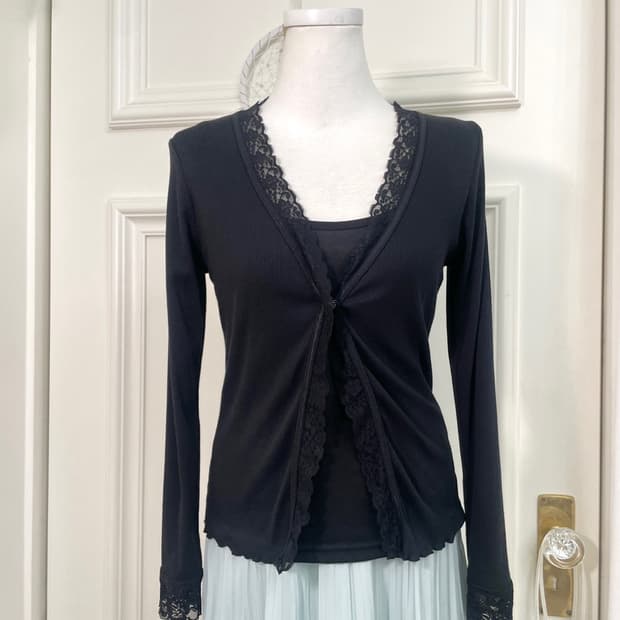 black lace trim slim cardigan(size-38)