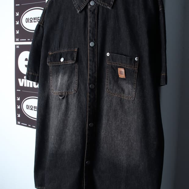 (L-2XL) 트릴리온 반팔 카라 티셔츠 셔츠 남방 데님 청-H32752