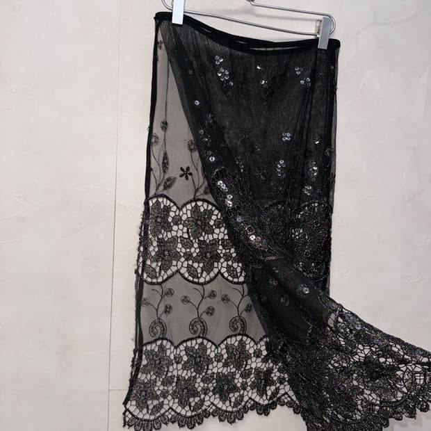 Black oriental flower mesh wrap skirt