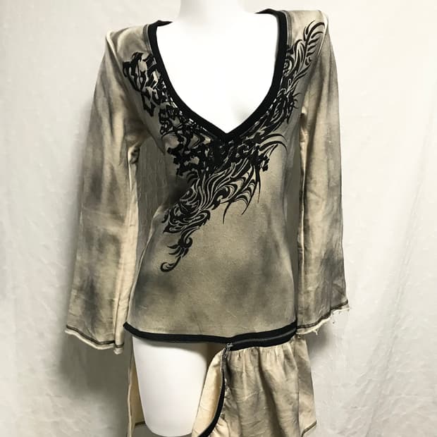 빈티지 알곤퀸즈 y2k 펑크 트라이벌 지퍼 워싱 롱슬리브 탑 원피스