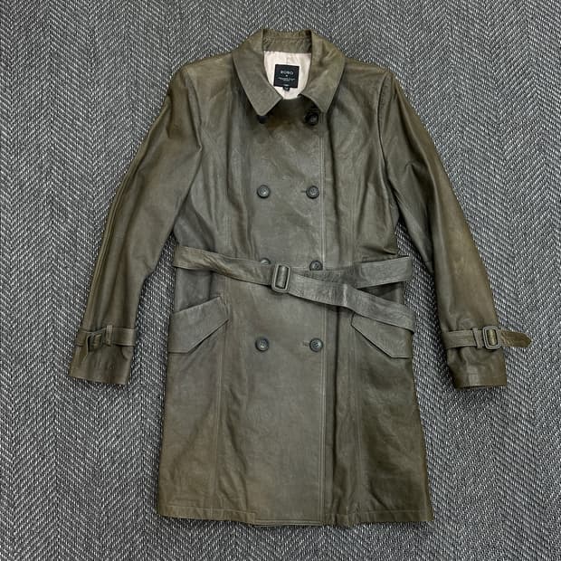 양가죽 미디 벨티드 코트