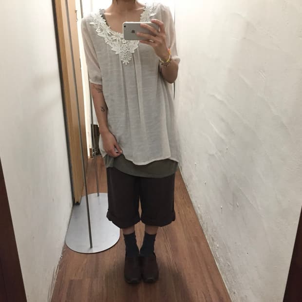 빈티지 7부 롱 블라우스 플라워 레이스 넥 디테일 아이보리 k223