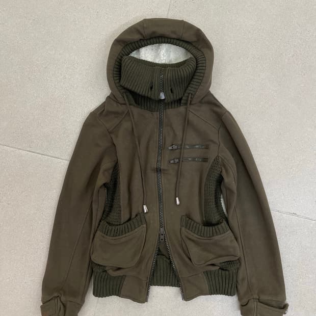 카키 니트 투웨이 후드집업