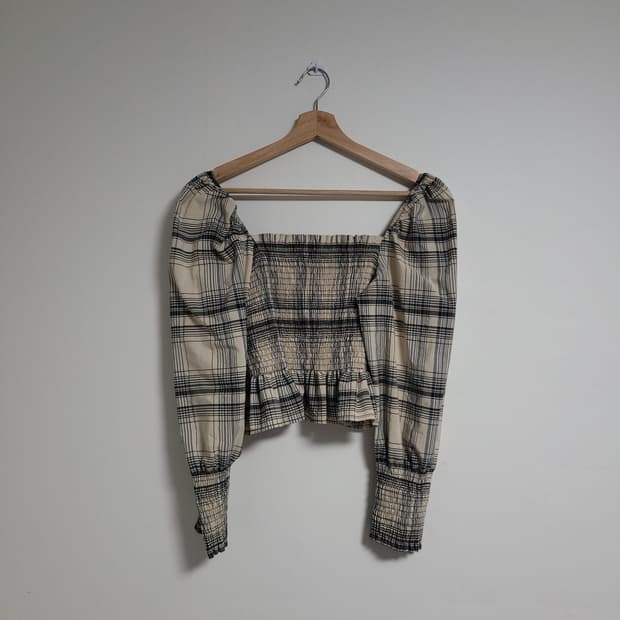 (M) ZARA 자라 스퀘어넥 체크 셔링 블라우스