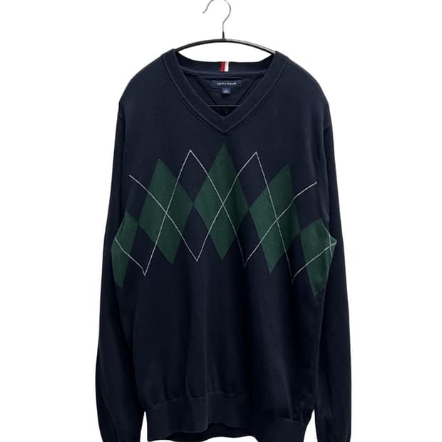 (L) 타미힐피거 남성 브이넥 아가일 니트 스웨터 네이비