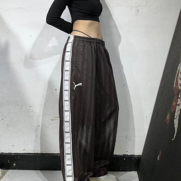 푸마 브라운 와이드 화이트 사이드 라인 추리닝 바지 트레이닝 팬츠 M