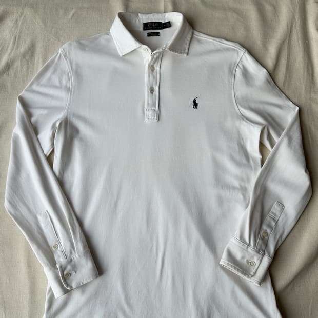 폴로 화이트 커스텀 슬림핏 긴팔 PK 폴로 셔츠 M