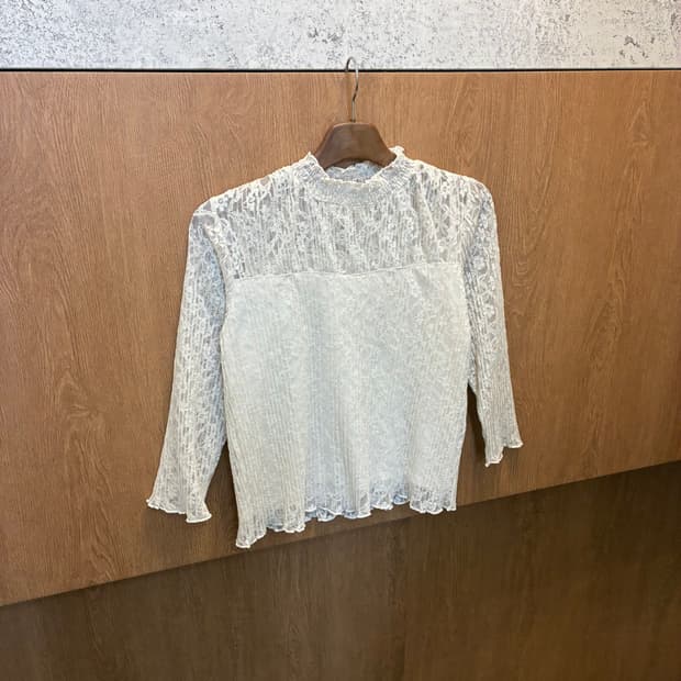 빈티지 하이넥 블라우스 플라워 레이스 시스루 디테일 아이보리 k435