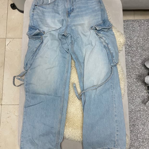 Zara 자라 와이드 핏 카고 진 블루 그린 40 데님 청바지