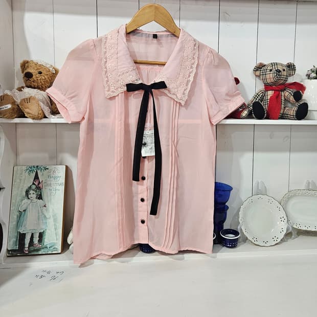 레이스 세일러카라 핑크 리본 블라우스