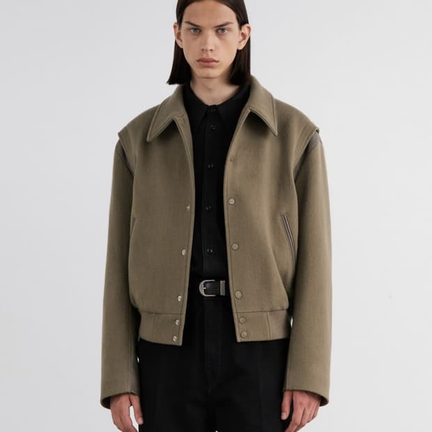 인사일런스 X 도프제이슨] 레더 믹스 울 바시티 자켓 BEIGE