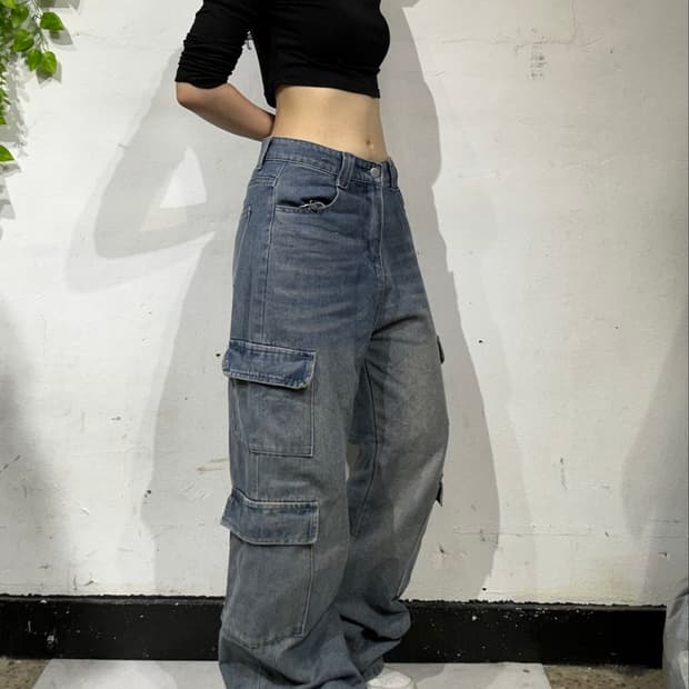 빈티지 중청 와이드 멀티 포켓 데님 팬츠 청바지 카고 바지 L