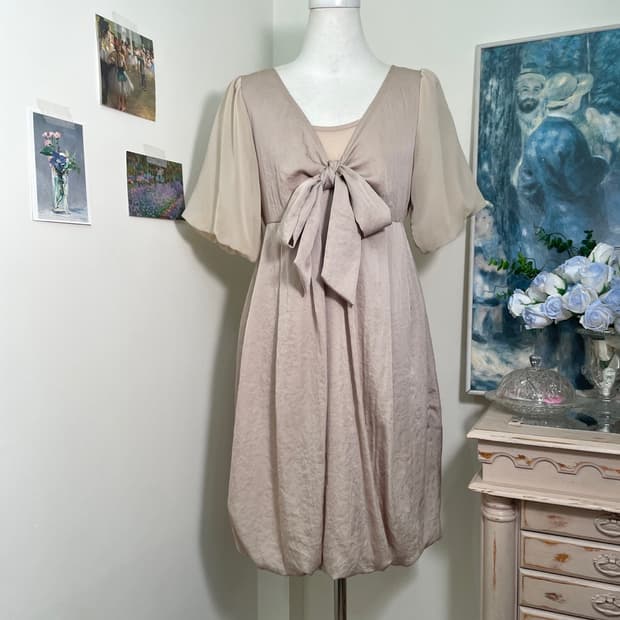 beige bow point puff sleeve lovely opc