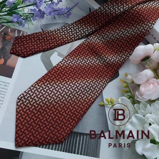 피에르 발망 실크 오렌지 체크 넥타이 9.9cm A등급 K1180
