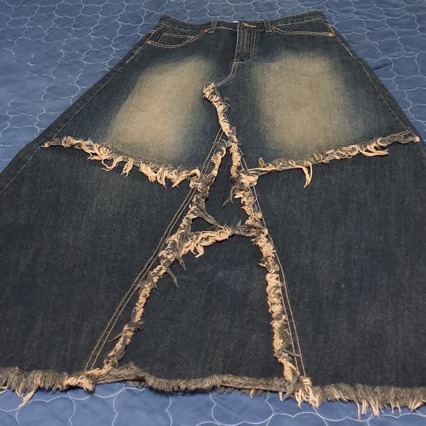 OOT 빈티지 웨스턴 워싱 퍼 라인 데닝 롱스커트 (28)