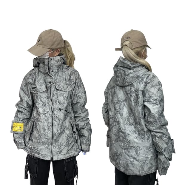 키스마크 일본 빈티지 그레이 패턴 오버핏 후드 바람막이 올드스쿨 점퍼 M