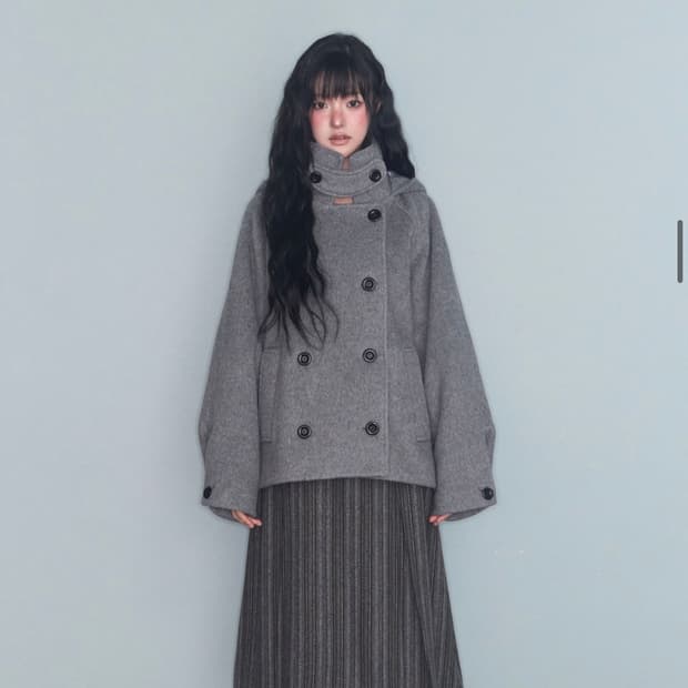 미레코 후드 더블 하프 코트 _그레이