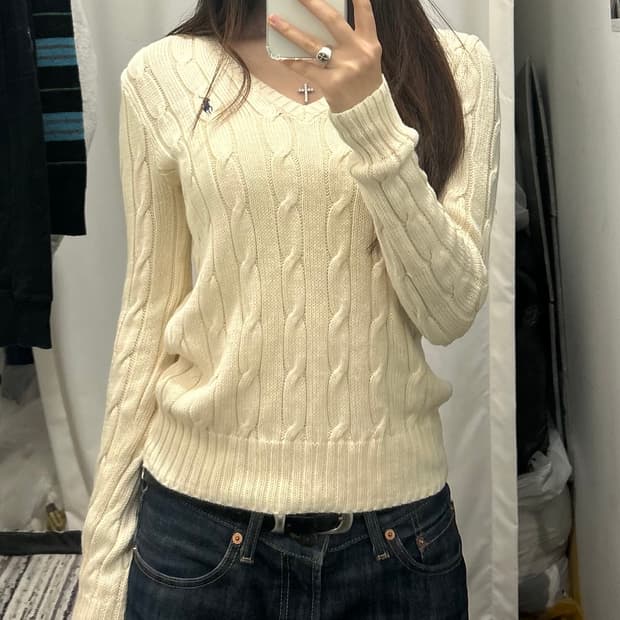 폴로 랄프로렌 케이블 스웨터 브이넥 아이보리