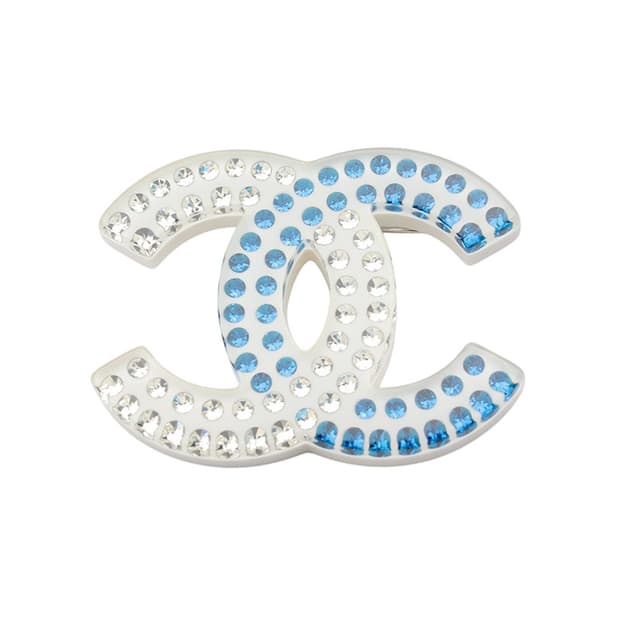 샤넬 화이트 블루 스트라스 CC 로고 브로치
