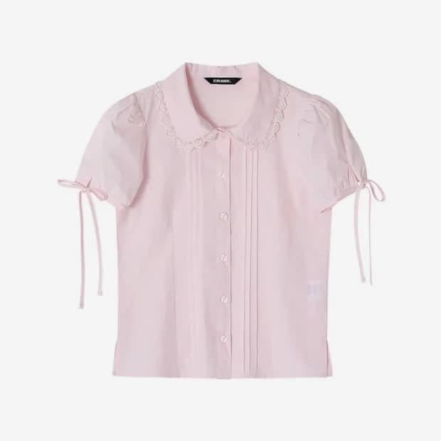 크랭크 핀턱 레이스 카라 블라우스 핑크