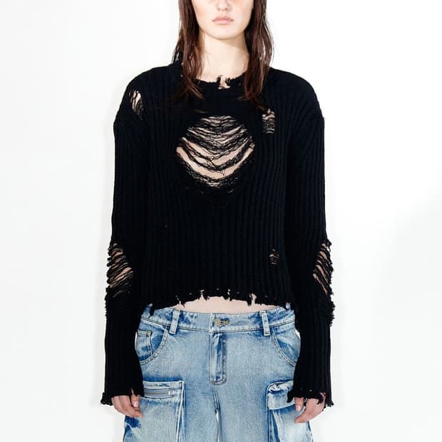 오픈와이와이 데미지 하트 풀오버 니트 블랙