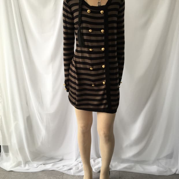 Double button stripe pattern knit cardig