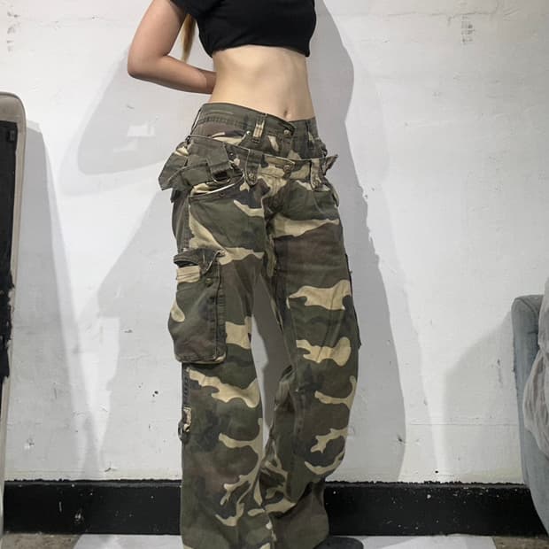 일본 빈티지 카키 카모 부츠컷 와이드 카고 팬츠 