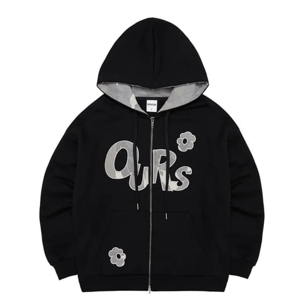 OURS 카모 플라워 아플리케 후드집업 블랙