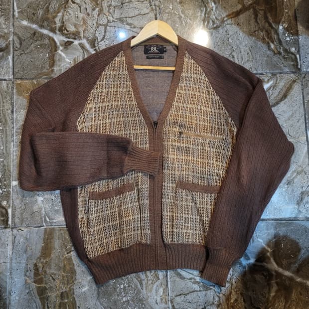 더블알엘 브라운 체크 니트집업 가디건