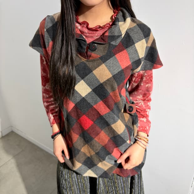 Pursuit De Ideal 단추 체크 레이어드 모리룩 반팔 니트