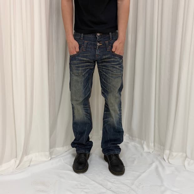 에드윈 더블 웨이스트 레이어드 워싱 데님 팬츠