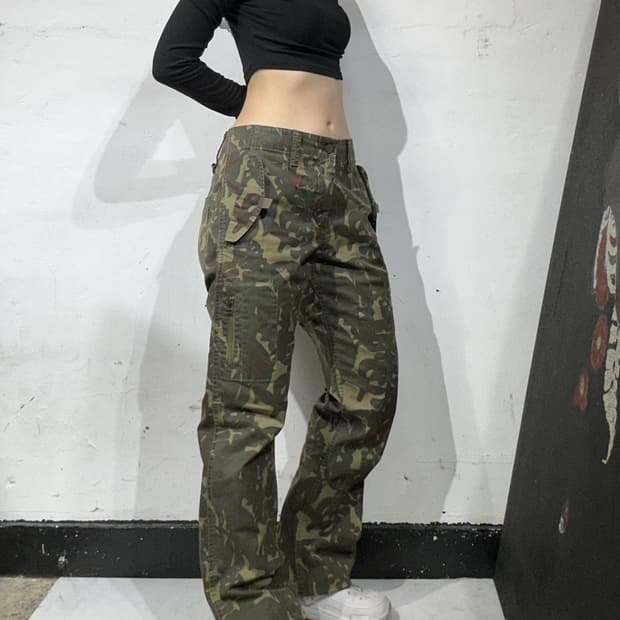 일본 빈티지 베이지 와이드 밀리터리 카모 카고 팬츠 L