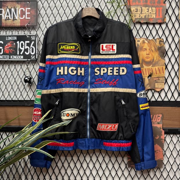 90s 스피글러 나일론 레이싱 자켓 전후면 로고 포인트 블루 블랙