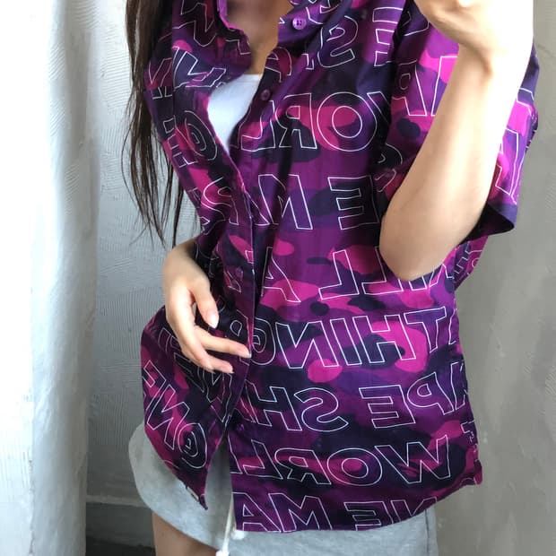 Bape 베이프 텍스트 카모 퍼플 피케 반팔 셔츠