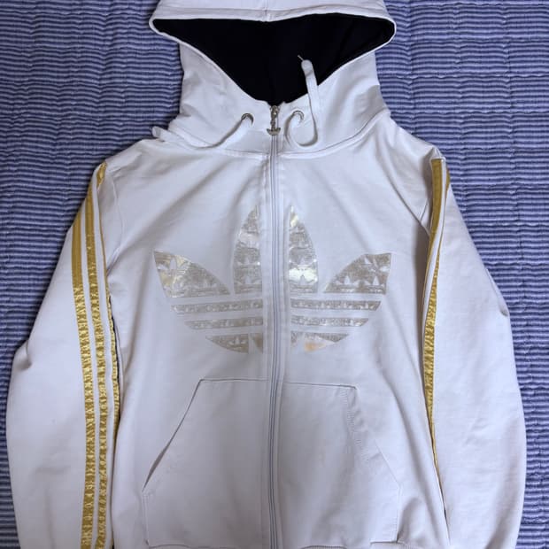 아디다스 화이트 골드 후드집업 빅로고 빈티지 져지