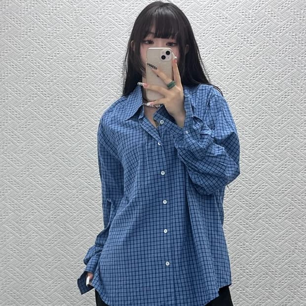 쿠어 빈티지 컨트리 레트로 딥블루 체크 셔츠 L C10663