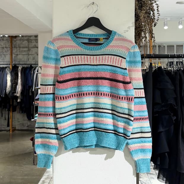 폴로 랄프로렌 스카이블루 핑크 스트라이프 패턴 니트