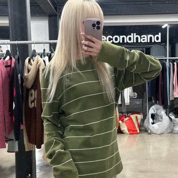  아베크롬비 Abercrombie 올리브그린 스트라이프 니트 롱슬리브