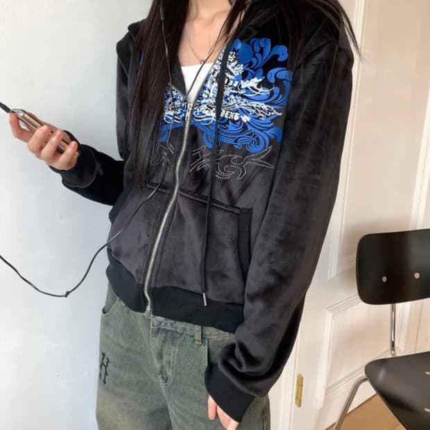 레터링 벨벳 기모 후드집업