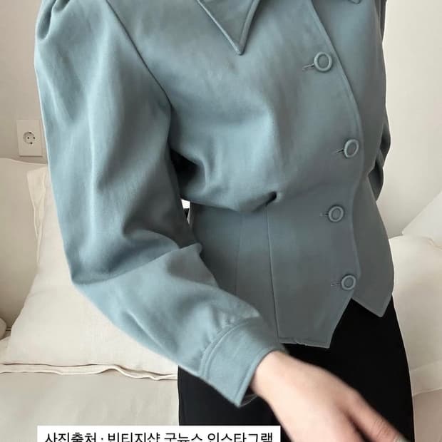 빈티지 ) 딥민트 퍼프 울 블라우스