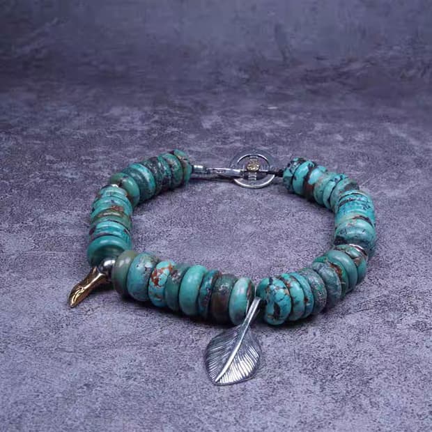 Oceanora 오리지널 인디언 스타일 실버 비드 천연 터키석 팔찌