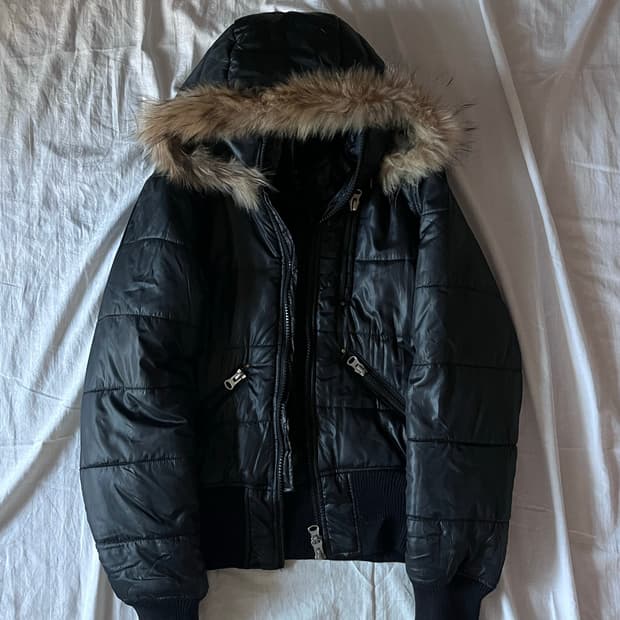 Black Fur Zip Details Puffer Jacket