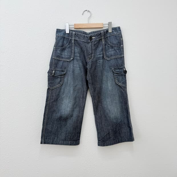 빈티지 블루 데님 카고 와이드 카프리 팬츠