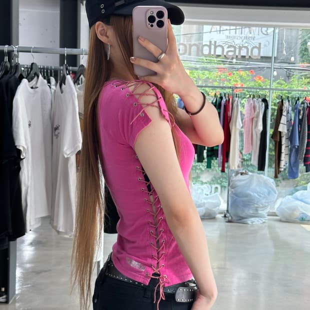 히스테릭글래머 아카이브 아일렛 레더 글리터로고 반팔티