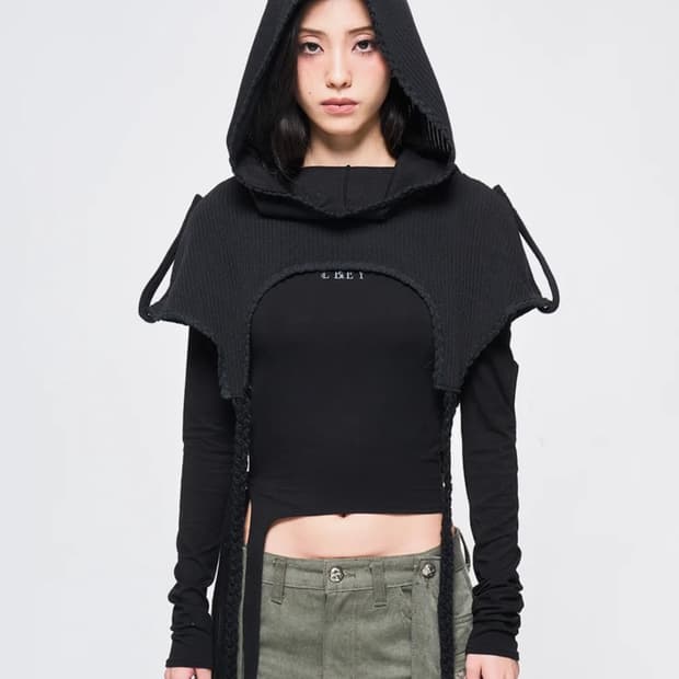 yeel BRAIDED STRAP CAPE HOODIE BLACK