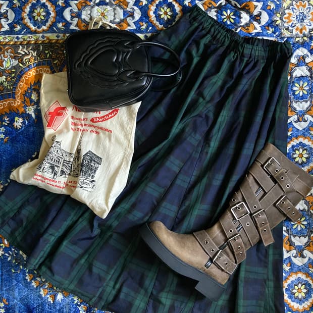 빈티지 아메카지 그린 네이비 타탄체크 밴딩 롱 플레어 스커트 치마