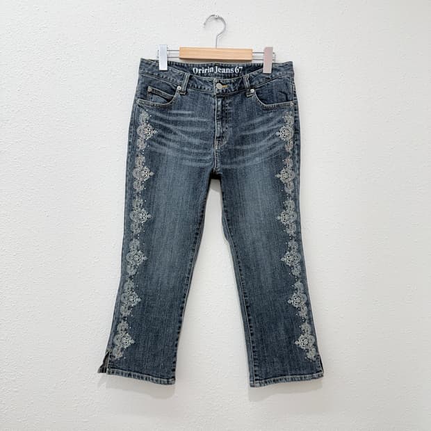 빈티지 oririn jeans 자수 데님 카프리 팬츠